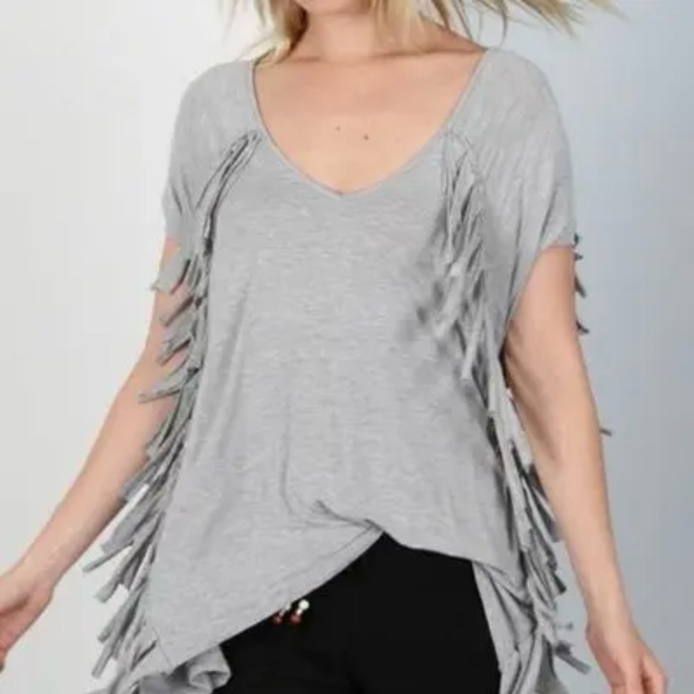 POL All Over Fringe V-Neck Tee NWT